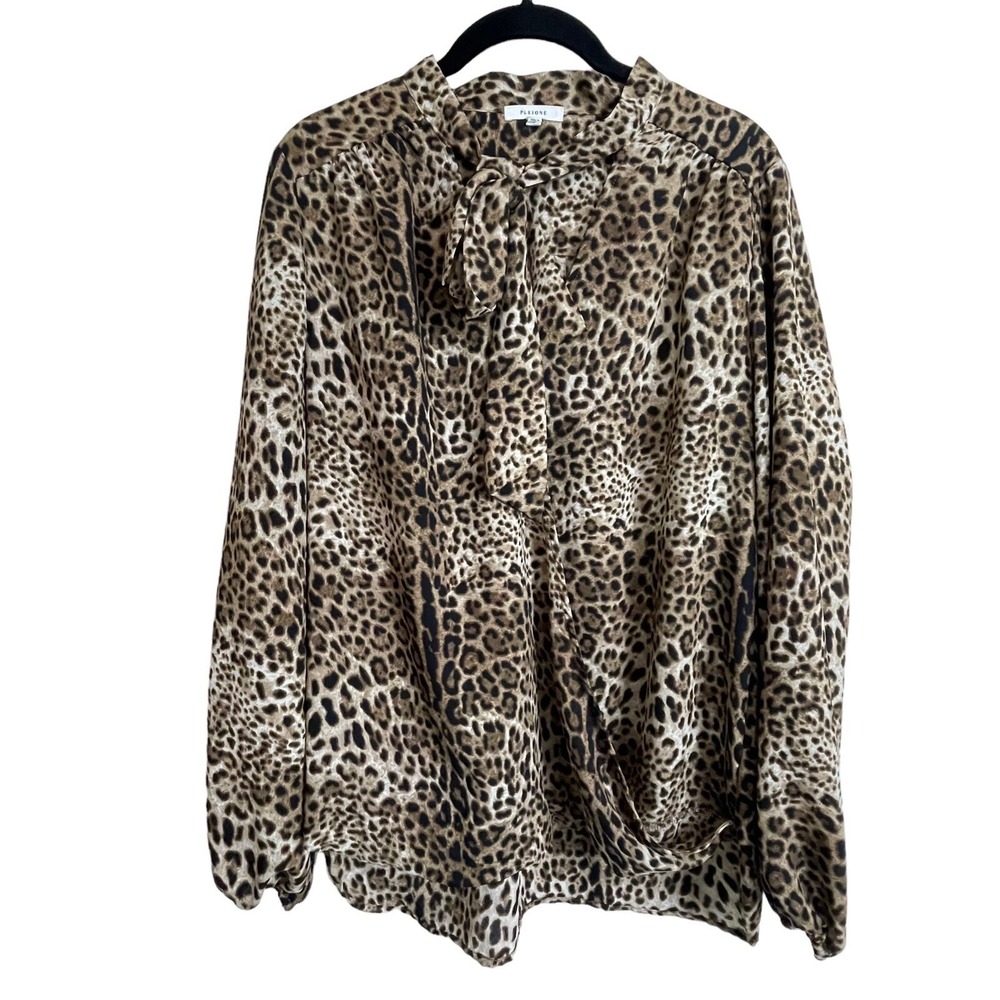 Pleione Animal Print Brown‎ Beige Long Sleeve Surplice Size L Top Tie V-Neck Top